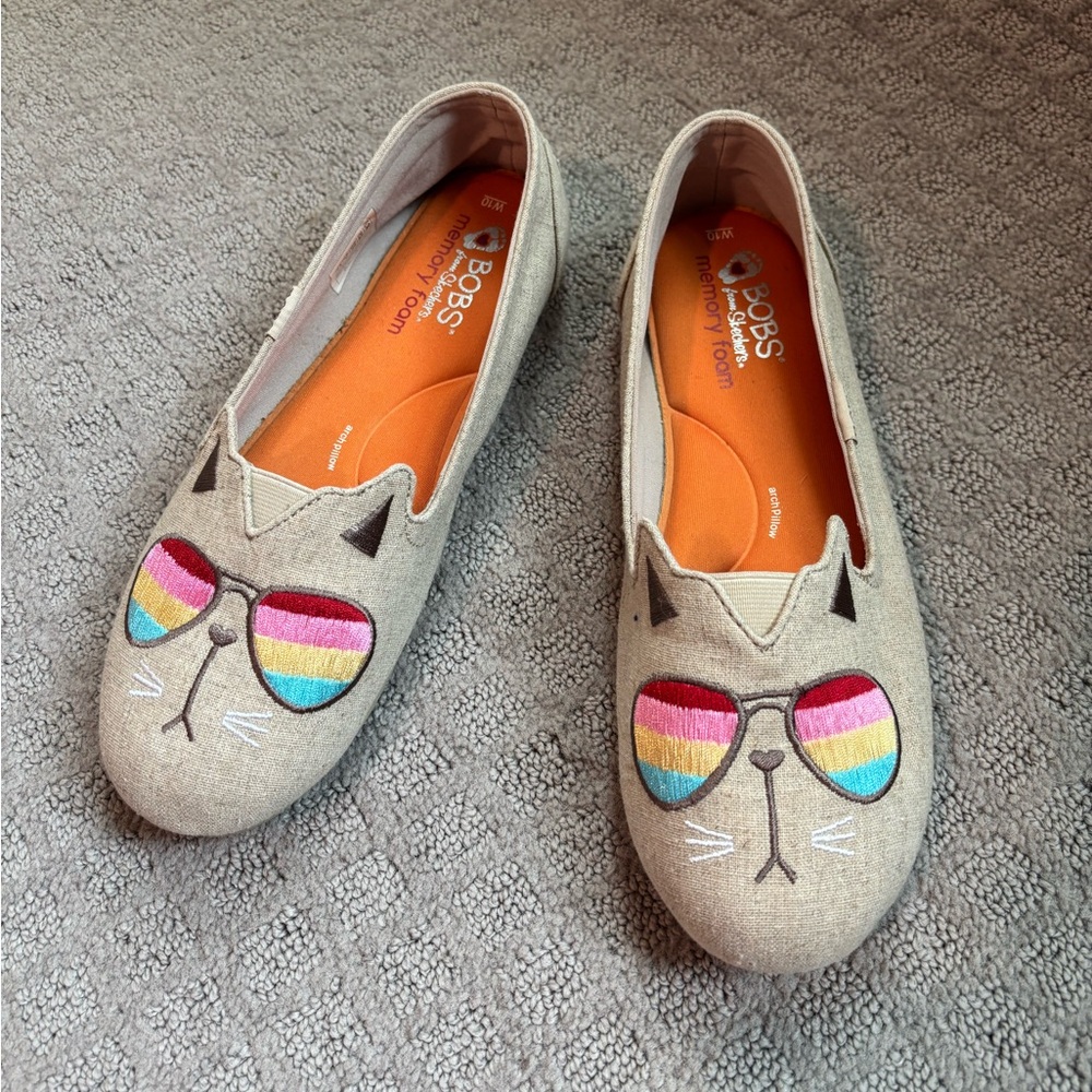 BOBS by Skechers Cat Face Slip-On Flats in Beige with Rainbow Sunglasses 10